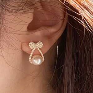 Elegant French-Inspired Bowknot & Faux Pearl Stud Earrings -925